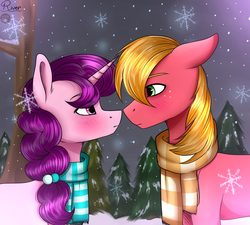 Size: 1024x922 | Tagged: safe, artist:racheldantes, big macintosh, sugar belle, earth pony, pony, unicorn, g4, blushing, clothes, couple, female, looking at each other, male, mare, scarf, ship:sugarmac, shipping, snow, snowfall, stallion, straight