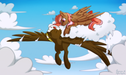 Size: 1600x954 | Tagged: safe, artist:alphaaquilae, artist:raponee, oc, oc only, oc:terra, oc:white cloud, pegasus, pony, cloud, collaboration, duo, eyes closed, female, flying, male, mare, sky, smiling, stallion