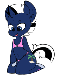 Size: 998x1336 | Tagged: safe, artist:ashee, oc, oc only, oc:shabaco, pony, unicorn, semi-anthro, bikini, bra, bra on pony, clothes, cute, ear fluff, male, simple background, solo, swimsuit, tongue out, transparent background