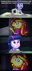 Size: 640x1428 | Tagged: safe, sunset shimmer, twilight sparkle, equestria girls, g4, my little pony equestria girls: rainbow rocks, caption, dialogue, female, image macro, lesbian, meme, scott pilgrim vs the world, screencap comic, ship:sunsetsparkle, shipping