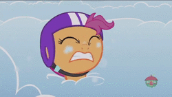 Size: 1280x720 | Tagged: safe, edit, edited screencap, screencap, scootaloo, g4, parental glideance, season 7, animated, cloud, cloudsdale, cross-eyed, cute, female, filly, funny, imminent decapitation, jojo's bizarre adventure, lawn mower, meme, music, roundabout, solo, sound, to be continued (meme), treehouse logo, webm