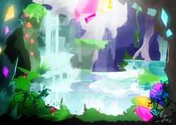 Size: 800x566 | Tagged: safe, artist:ii-art, g4, rock solid friendship, cave, gem, glowing gems, maud's cave, no pony, scenery, water, waterfall