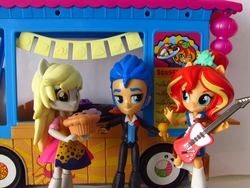 Size: 1320x990 | Tagged: safe, artist:whatthehell!?, derpy hooves, flash sentry, sunset shimmer, equestria girls, g4, clothes, doll, equestria girls minis, food, guitar, irl, microphone, muffin, photo, shoes, skirt, sunset sushi, sushi, toy, truck, tuxedo