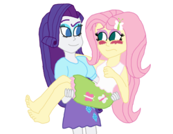 Size: 2000x1548 | Tagged: safe, artist:bigpurplemuppet99, fluttershy, rarity, equestria girls, g4, barefoot, blushing, bridal carry, duo, feet, female, lesbian, ship:flarity, shipping, simple background, transparent background