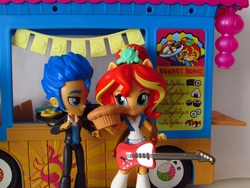 Size: 1320x990 | Tagged: safe, artist:whatthehell!?, flash sentry, sunset shimmer, equestria girls, g4, clothes, doll, equestria girls minis, food, guitar, irl, microphone, muffin, photo, shoes, skirt, sunset sushi, sushi, toy, truck, tuxedo