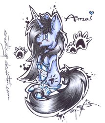 Size: 1024x1194 | Tagged: safe, artist:scootiegp, oc, oc only, oc:amai, pony, unicorn, big eyes, chest fluff, clothes, female, fluffy, long mane, long tail, paws, signature, sitting, smiling, socks, solo, traditional art