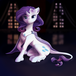 Size: 1024x1024 | Tagged: safe, artist:peachmayflower, rarity, classical unicorn, pony, unicorn, g4, cape, clothes, curved horn, female, horn, leonine tail, looking at you, mare, smiling, solo, unshorn fetlocks