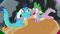 Size: 2560x1440 | Tagged: safe, artist:rupert, princess ember, spike, dragon, g4, amused, balloon, balloon riding, curved horn, dragon lord ember, dragoness, female, friends, heart, horn, hug, male, prone, raised eyebrow, ship:emberspike, shipping, smiling, squishy cheeks, straight, that dragon sure does love balloons