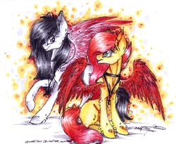 Size: 1024x841 | Tagged: safe, artist:scootiegp, oc, oc only, oc:chimi, oc:sophie, pegasus, pony, crest, duo, duo female, female, fluffy, jewelry, looking at each other, necklace, signature, sitting, standing, traditional art, wings