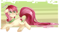 Size: 1600x872 | Tagged: safe, artist:prjanik, roseluck, earth pony, pony, g4, :<, abstract background, behaving like a cat, collar, colored pupils, commissioner:doom9454, cute, cyrillic, digital art, female, floppy ears, long tail, lying, lying down, mare, pet tag, pony pet, prone, purring, rosepet, russian, solo, underhoof
