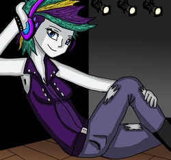 Size: 6600x6160 | Tagged: safe, artist:takrontoxicity, rarity, equestria girls, g4, it isn't the mane thing about you, absurd resolution, alternate hairstyle, armpits, clothes, female, headphones, pants, punk, raripunk, sitting, smiling, solo, torn clothes