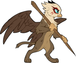 Size: 550x457 | Tagged: dead source, safe, artist:hioshiru, oc, oc only, griffon, bipedal, female, griffon oc, non-pony oc, simple background, smiling, solo, spear, staff, transparent background, weapon