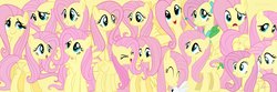 Size: 1500x500 | Tagged: safe, artist:ajpiedash, angel bunny, fluttershy, pegasus, pony, rabbit, g4, animal, clothes, confused, dress, duo, female, folded wings, gala dress, mare, multeity, open mouth, open smile, simple background, smiling, spread wings, wings, yellow background