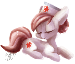 Size: 4578x3874 | Tagged: dead source, safe, artist:shellielle, nurse redheart, earth pony, pony, g4, absurd resolution, eyes closed, female, mare, signature, simple background, smiling, solo, white background