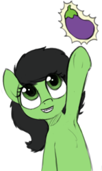 Size: 508x854 | Tagged: safe, artist:smoldix, oc, oc only, oc:filly anon, pony, armpits, braces, chest fluff, eggplant, euphemism, female, filly, food, grin, looking up, raised hoof, raised leg, simple background, smiling, solo, transparent background, underhoof, 🍆