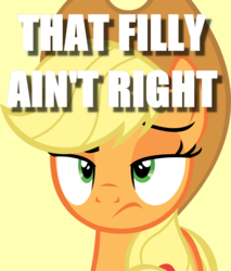 Size: 900x1057 | Tagged: safe, applejack, earth pony, pony, g4, applejack is not amused, female, hank hill, image macro, king of the hill, mare, meme, reference, solo, unamused