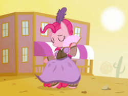 Size: 2000x1500 | Tagged: source needed, safe, artist:latie, pinkie pie, earth pony, pony, g4, over a barrel, bipedal, clothes, dress, eyes closed, fan, female, handheld fan, hoof hold, saloon pinkie, solo, sun