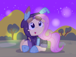 Size: 2000x1500 | Tagged: safe, artist:latie, fluttershy, pegasus, pony, magic duel, amazed, bunny ears, clothes, costume, cute, dangerous mission outfit, female, goggles, head turn, hoodie, looking up, mare, night, open mouth, prone, shyabetes, smiling, solo, stars