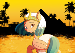 Size: 7016x4961 | Tagged: safe, artist:ruirik, somnambula, pegasus, pony, g4, absurd resolution, egyptian, female, looking at you, mare, sunset