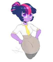 Size: 1700x2000 | Tagged: safe, artist:mirijane, sci-twi, twilight sparkle, equestria girls, g4, clothes, female, hair bun, looking at you, necktie, smiling, solo, teacher, wide hips