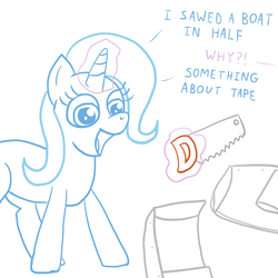 Size: 1024x1024 | Tagged: safe, artist:solarfm, trixie, pony, unicorn, g4, boat, crosscut saw, dialogue, female, flex tape, glowing horn, horn, limited palette, magic, mare, offscreen character, open mouth, phil swift, reference, saw, simple background, smiling, solo, telekinesis, wat, white background