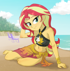 Size: 800x820 | Tagged: safe, artist:ta-na, sunset shimmer, equestria girls, equestria girls specials, g4, my little pony equestria girls: better together, my little pony equestria girls: forgotten friendship, arm behind head, barefoot, beach, beach babe, beach chair, beautiful, beautisexy, belly button, breasts, chair, clothes, cloud, feet, female, looking at you, midriff, praise the sunset, sarong, sexy, sky, smiling, solo, summer sunset, swimsuit, water