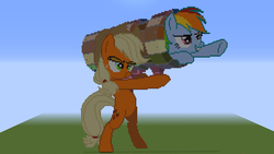 Size: 1920x1080 | Tagged: safe, artist:lyonori, applejack, rainbow dash, earth pony, pegasus, pony, g4, bipedal, game screencap, minecraft, minecraft pixel art, pixel art