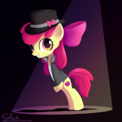 Size: 1500x1500 | Tagged: safe, artist:songbirdserenade, apple bloom, earth pony, pony, g4, bipedal, bow, clothes, cutie mark, fedora, female, filly, foal, hair bow, hat, michael jackson, smooth criminal, spotlight, the cmc's cutie marks