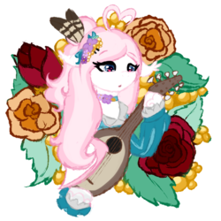 Size: 1000x1000 | Tagged: safe, artist:pastel-pony-princess, oc, oc only, oc:sylphie, bat pony, pony, bat pony oc, clothes, cute, feather, female, flower, flower in hair, heart eyes, lute, mare, musical instrument, rose, simple background, solo, transparent background, wingding eyes
