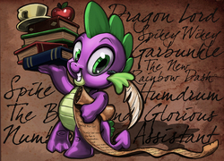 Size: 1200x864 | Tagged: safe, artist:harwick, spike, dragon, g4, apple, book, cup, dragon lord spike, food, garbuncle, grin, looking at you, male, name, names, new rainbow dash, power ponies, quill, scroll, smiling, solo, spike day, spike the brave and glorious, spikey wikey