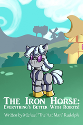 Size: 682x1024 | Tagged: source needed, safe, artist:parassaux, oc, oc only, oc:turing test, pony, robot, robot pony, fanfic:the iron horse: everything's better with robots, fanfic, fanfic art, fanfic cover, grass, solo, windmill