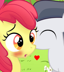Size: 702x782 | Tagged: safe, artist:rozyfly10, apple bloom, rumble, earth pony, pegasus, pony, g4, blushing, colt, duo, eyes closed, female, filly, grass, green background, heart, kissing, love, male, rumbloom, shipping, simple background, straight