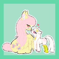 Size: 1024x1024 | Tagged: safe, artist:pastel-pony-princess, fluttershy, oc, earth pony, pegasus, pony, g4, blushing, boop, bridle, cute, duo, eyes closed, female, filly, heart, mare, noseboop, simple background, tack