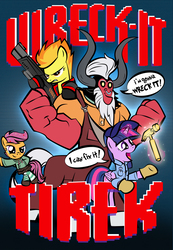 Size: 1078x1560 | Tagged: safe, artist:dan232323, lord tirek, scootaloo, spitfire, twilight sparkle, alicorn, pegasus, pony, g4, calhoun, clothes, cover art, crossover, dialogue, disney, female, filly, fix-it felix jr., glowing horn, gun, hammer, hoodie, horn, magic, male, mare, pantyhose, parody, serious, serious face, skirt, smiling, socks, striped pantyhose, telekinesis, twilight sparkle (alicorn), vanellope von schweetz, weapon, wings, wreck-it ralph, wreck-it ralph (character)