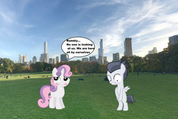 Size: 2400x1600 | Tagged: dead source, safe, artist:jawsandgumballfan24, artist:red4567, edit, rumble, sweetie belle, pony, g4, bipedal, blush sticker, blushing, central park, colt, covering, dialogue, embarrassed, female, filly, irl, male, new york, new york city, photo, ponies in real life, ship:rumbelle, shipping, skyscraper, straight, we don't normally wear clothes