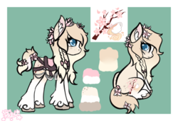 Size: 1280x874 | Tagged: safe, artist:pastel-pony-princess, oc, oc only, oc:milky tea, earth pony, pony, cute, female, flower, flower in hair, freckles, mare, reference sheet, saddle, tack, unshorn fetlocks