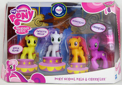 Size: 580x409 | Tagged: safe, apple bloom, cheerilee, scootaloo, sweetie belle, g4, box, cutie mark crusaders, hub logo, irl, merchandise, photo, toy