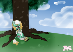 Size: 4093x2894 | Tagged: safe, artist:pastel-pony-princess, oc, oc only, oc:lynna, oc:lynna tea, zonkey, cute, drink, outdoors, solo, tree