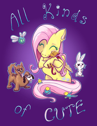 Size: 651x848 | Tagged: safe, artist:drknz13, angel bunny, fluttershy, cockatrice, dog, manticore, orthros, parasprite, g4, cute, multiple heads, shyabetes, two heads