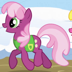 Size: 557x560 | Tagged: safe, screencap, cheerilee, earth pony, pony, g4, winter wrap up, clothes, cropped, female, mare, outfit catalog, plant team, solo focus, trotting, vest, winter wrap up vest