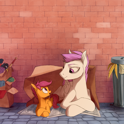Size: 2000x2000 | Tagged: safe, artist:vistamage, princess celestia, scootaloo, oc, oc:nopony special, pegasus, pony, fanfic:home is for the weak, g4, alley, brick wall, cardboard box, cobblestone street, crossed hooves, disguise, fanfic, fanfic art, fanfic cover, female, filly, high res, homeless, looking at each other, male, newspaper, pink mane, prone, race swap, rule 63, smiling, stallion, trash can