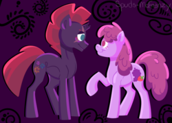 Size: 826x591 | Tagged: safe, artist:mrraapeti, berry punch, berryshine, fizzlepop berrytwist, tempest shadow, earth pony, pony, unicorn, g4, my little pony: the movie, abstract background, broken horn, eye scar, female, headcanon, horn, looking at each other, mare, mother and daughter, offspring, purple background, raised hoof, scar, simple background, smiling