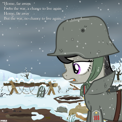Size: 3000x3000 | Tagged: safe, artist:a4r91n, octavia melody, earth pony, pony, g4, barbed wire, battlefield, clothes, female, german, high res, iron maiden, kriegtavia, paschendale, profile, quote, snow, solo, song reference, stahlhelm, tired, trenchcoat, updated, vector, winter, world war i