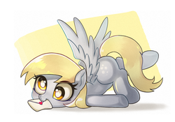 Size: 1000x700 | Tagged: dead source, safe, artist:9seconds, derpy hooves, pegasus, pony, g4, cute, derpabetes, derpy being derpy, face down ass up, female, hnnng, letter, mail, mare, mouth hold, silly, silly pony, solo, spread wings, wings
