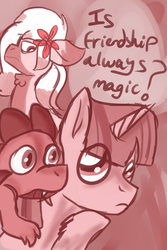 Size: 1000x1500 | Tagged: safe, artist:euspuche, spike, twilight sparkle, oc, oc:carmen garcía, comic:is friendship always magic?, g4, angry, comic, confused, cover art, female, filly, flower, flower in hair, looking at each other, monochrome, title drop