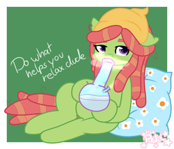 Size: 1280x1094 | Tagged: safe, artist:pastel-pony-princess, tree hugger, g4, bong, dialogue, drugs, female, pillow, smoking, solo