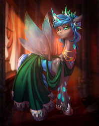 Size: 1008x1280 | Tagged: safe, artist:longinius, artist:vest, oc, oc only, oc:queen polistae, changeling, changeling queen, blue changeling, changeling oc, changeling queen oc, clothes, collaboration, crown, dress, eyeshadow, female, jewelry, lidded eyes, looking at you, makeup, mare, necklace, regalia, solo