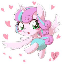 Size: 1000x1038 | Tagged: safe, artist:yanamosuda, princess flurry heart, g4, baby, blush sticker, blushing, cute, diaper, female, flurrybetes, flying, heart, looking at you, looking back, looking back at you, solo, spread wings, wings, wrong eye color