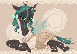 Size: 1414x1000 | Tagged: safe, artist:yanamosuda, queen chrysalis, changeling, changeling queen, g4, alternate hairstyle, bow, clothes, crown, dress, female, hair bow, jewelry, lace, looking at you, pigtails, regalia, solo