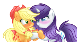 Size: 1024x567 | Tagged: safe, artist:xxmelody-scribblexx, applejack, rarity, pony, g4, alternate hairstyle, blushing, bow, female, hat, lesbian, ship:rarijack, shipping, simple background, tail bow, transparent background